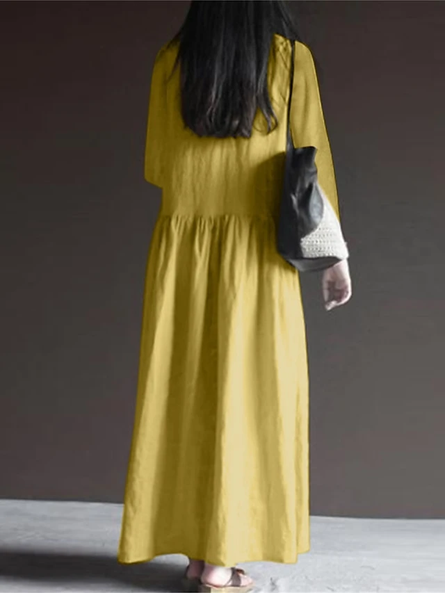 Women's Casual Dress Cotton Dress Swing Dress Maxi Long Dress Cotton Basic Classic Outdoor Daily Vacation V Neck Ruched Long Sleeve Spring Fall Winter 2023 Loose Fit ArmyGreen Black White Plain S M L 2 Women's Casual Dress Cotton Dress Swing Dress Maxi Long Dress Cotton Basic Classic Outdoor Daily Vacation V Neck Ruched Long Sleeve Spring Fall Winter 2023 Loose Fit ArmyGreen Black White Plain S M L - Image 2