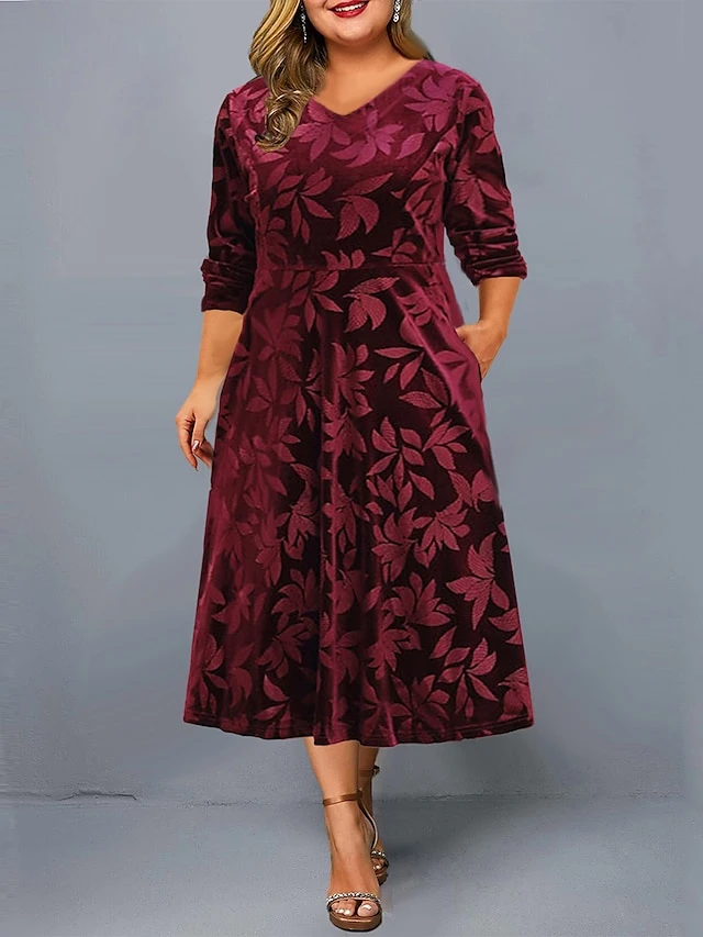Women's Plus Size Party Dress Velvet Dress Cocktail Dress Midi Dress Black Wine Purple Long Sleeve Leaf Pocket Spring Fall Winter V Neck Fashion Winter Dress Wedding Guest Birthday Loose Fit 2023 XL 1 Women's Plus Size Party Dress Velvet Dress Cocktail Dress Midi Dress Black Wine Purple Long Sleeve Leaf Pocket Spring Fall Winter V Neck Fashion Winter Dress Wedding Guest Birthday Loose Fit 2023 XL