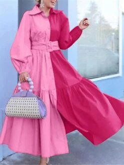 Women's Shirt Dress Casual Dress Swing Dress Maxi Long Dress Business Daily Date Polyester Fashion Modern Shirt Collar Button Split Long Sleeve Summer Spring Fall 2023 Loose Fit Dark Pink Blue Color