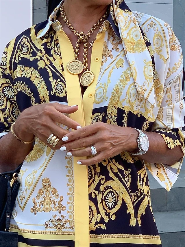 Women's Shirt Dress Casual Dress Maxi Long Dress Outdoor Daily Vacation Polyester Vintage Retro Shirt Collar Button Print Long Sleeve Fall Winter 2023 Loose Fit Yellow Color Block Tribal Ethnic S M L 5 Women's Shirt Dress Casual Dress Maxi Long Dress Outdoor Daily Vacation Polyester Vintage Retro Shirt Collar Button Print Long Sleeve Fall Winter 2023 Loose Fit Yellow Color Block Tribal Ethnic S M L - Image 5