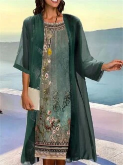 Women's Two Piece Dress Set Casual Dress Print Dress Outdoor Daily Fashion Elegant Print Midi Dress Crew Neck 3/4 Length Sleeve Floral Ombre Regular Fit Blue Green Gray Summer Spring S M L XL XXL