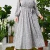 Women's Plus Size Curve Work Dress Swing Dress Semi Formal Dress Fashion Midi Dress Lace Up Hollow Out Crew Neck Long Sleeve Floral Loose Fit Blue Fall Winter L XL XXL 3XL 4XL