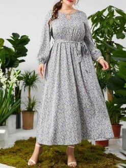 Women's Plus Size Curve Work Dress Swing Dress Semi Formal Dress Fashion Midi Dress Lace Up Hollow Out Crew Neck Long Sleeve Floral Loose Fit Blue Fall Winter L XL XXL 3XL 4XL