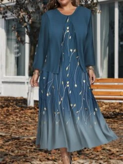 Women's Plus Size Two Piece Dress Set Casual Dress Swing Dress Outdoor Office Fashion Streetwear Print Midi Dress Crew Neck Long Sleeve Floral Ombre Regular Fit Wine Blue Green Fall Winter L XL XXL