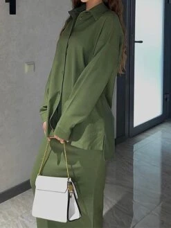 Women's Two Piece Dress Set Casual Dress Skirt Set Outdoor Daily Fashion Streetwear Button Pocket Long Dress Maxi Dress Shirt Collar Long Sleeve Plain Loose Fit Brown Green Beige Fall Winter S M L XL -HAYz Clothing Shop tqvhgw1693534949022