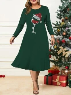 Women's Christmas Plus Size Curve Casual Dress Skater Dress A Line Dress Graphic Snowflake Midi Dress Long Sleeve Print Crew Neck Fashion Outdoor Black Wine Fall Winter L XL XXL 3XL 4XL -HAYz Clothing Shop trwotd1695264754358