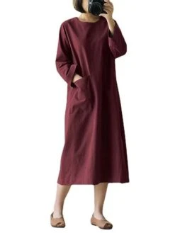 Women's Casual Dress Cotton Linen Dress A Line Dress Cotton Blend Fashion Daily Work Holiday Weekend Crew Neck Button Baggy Long Sleeve Navy Black Wine S M L XL 2XL -HAYz Clothing Shop tsapyh1690547091688