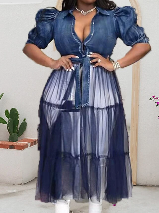 Women‘s Plus Size Curve Holiday Dress Solid Color Shirt Collar Mesh Long Sleeve Fall Spring Basic Casual Preppy Maxi Long Dress Casual Daily DressCotton 4 Women‘s Plus Size Curve Holiday Dress Solid Color Shirt Collar Mesh Long Sleeve Fall Spring Basic Casual Preppy Maxi Long Dress Casual Daily DressCotton - Image 4