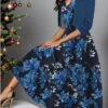 Women's Two Piece Dress Set Casual Dress Swing Dress Outdoor Daily Fashion Elegant Print Midi Dress V Neck Half Sleeve Floral Regular Fit Black Royal Blue Blue Fall Winter S M L XL XXL