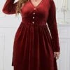Women's Plus Size Party Dress Velvet Dress Cocktail Dress Midi Dress Wine Long Sleeve Pure Color Ruched Spring Fall Winter V Neck Fashion Winter Dress Wedding Guest Birthday 2023 XL XXL 3XL 4XL
