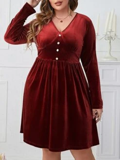 Women's Plus Size Party Dress Velvet Dress Cocktail Dress Midi Dress Wine Long Sleeve Pure Color Ruched Spring Fall Winter V Neck Fashion Winter Dress Wedding Guest Birthday 2023 XL XXL 3XL 4XL