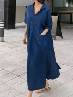 Women's Casual Dress Cotton Linen Dress Swing Dress Maxi Long Dress Cotton Blend Basic Casual Outdoor Daily V Neck Pocket 3/4 Length Sleeve Summer Spring Fall 2023 Loose Fit Blue Green Apricot Plain -HAYz Clothing Shop tsowht1679554391871