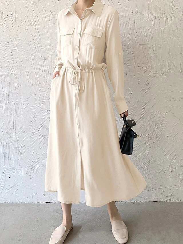Women's Shirt Dress Casual Dress Maxi Long Dress Outdoor Daily Date Polyester Fashion Classic Shirt Collar Button Pocket Long Sleeve Fall Winter 2023 Loose Fit ArmyGreen Black Brown Pure Color S M L 14 Women's Shirt Dress Casual Dress Maxi Long Dress Outdoor Daily Date Polyester Fashion Classic Shirt Collar Button Pocket Long Sleeve Fall Winter 2023 Loose Fit ArmyGreen Black Brown Pure Color S M L - Image 14