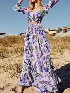 Women's Two Piece Dress Set Casual Dress Skirt Set Outdoor Daily Fashion Elegant Ruffle Print Long Dress Maxi Dress V Neck Long Sleeve Leaf Floral Regular Fit Purple Apricot Summer Spring S M L XL -HAYz Clothing Shop tstend1689579867426