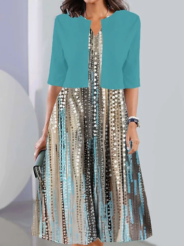 Women's Two Piece Dress Set Casual Dress Print Dress Outdoor Daily Fashion Elegant Print Midi Dress V Neck Half Sleeve Geometric Color Block Regular Fit Black White Navy Blue Summer Spring S M L XL 3 Women's Two Piece Dress Set Casual Dress Print Dress Outdoor Daily Fashion Elegant Print Midi Dress V Neck Half Sleeve Geometric Color Block Regular Fit Black White Navy Blue Summer Spring S M L XL - Image 3