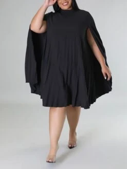 Women‘s Plus Size Curve Casual Dress Shift Dress Solid Color Midi Dress Long Sleeve Pleated Stand Collar Basic Daily Black White Fall Spring XL XXL 3XL 4XL 5XL -HAYz Clothing Shop ttdmsp1672817489100