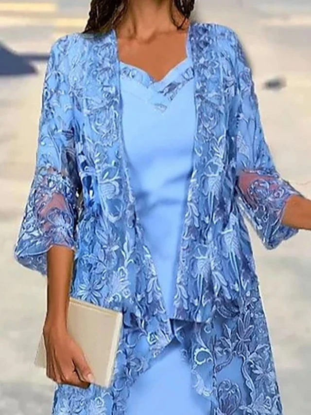 Women's Two Piece Dress Set Casual Dress Lace Dress Outdoor Date Fashion Elegant Lace Trim Midi Dress V Neck 3/4 Length Sleeve Plain Loose Fit Blue Fall Winter S M L XL XXL 2 Women's Two Piece Dress Set Casual Dress Lace Dress Outdoor Date Fashion Elegant Lace Trim Midi Dress V Neck 3/4 Length Sleeve Plain Loose Fit Blue Fall Winter S M L XL XXL - Image 2