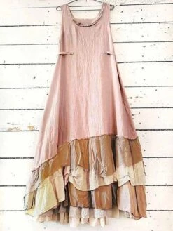 Women's Cotton Linen Dress Casual Dress Mini Dress Cotton Blend Basic Casual Outdoor Daily Vacation Crew Neck Ruffle Patchwork Sleeveless Summer Spring 2023 Regular Fit Khaki Plain S M L XL 2XL