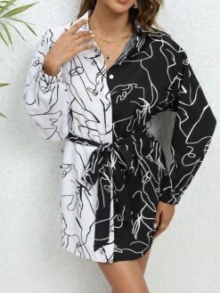 Women's Shirt Dress Casual Dress Mini Dress Outdoor Daily Vacation Polyester Fashion Modern Shirt Collar Lace Up Button Long Sleeve Spring Fall Winter 2023 Loose Fit White Abstract Portrait S M L XL