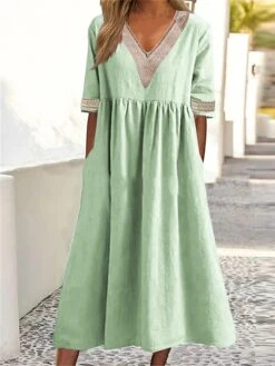 Women's Casual Dress Cotton Linen Dress Swing Dress Midi Dress Cotton Blend Fashion Basic Outdoor Daily Vacation V Neck Lace Ruched Half Sleeve Summer Spring Fall 2023 Loose Fit White Pink Blue Plain -HAYz Clothing Shop ttlbsk1681213056113