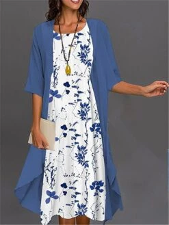 Women's Two Piece Dress Set Casual Dress Chiffon Dress Outdoor Daily Fashion Streetwear Print Midi Dress Crew Neck Half Sleeve Floral Regular Fit Pink Navy Blue Blue Fall Winter S M L XL XXL -HAYz Clothing Shop ttlrtm1695194229579