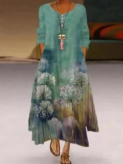 Women‘s Plus Size Curve Holiday Dress Floral Crew Neck Long Sleeve Fall Spring Casual Vintage Maxi Long Dress Daily Dress