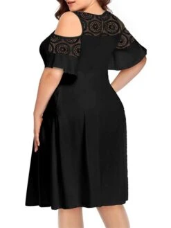 Women‘s Plus Size Curve Casual Dress Solid Color Crew Neck Lace Half Sleeve Fall Spring Casual Knee Length Dress Casual Daily Dress -HAYz Clothing Shop ttmgop1656060137868
