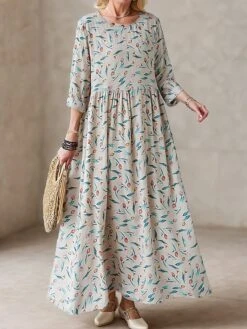 Women's Casual Dress Linen Dress Swing Dress Maxi Long Dress Linen Fashion Modern Outdoor Daily Holiday Crew Neck Print Long Sleeve Fall Winter Autumn 2023 Loose Fit Apricot Flower L XL 2XL