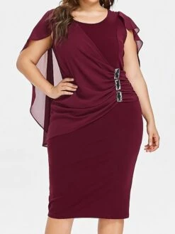 Women‘s Plus Size Curve Party Dress Solid Color Crew Neck Short Sleeve Fall Spring Elegant Prom Dress Midi Dress Formal Party Dress