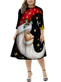 Women‘s Plus Size Christmas Dress Work Dress Santa Claus 3/4 Length Sleeve Winter Fall Midi Dress Christmas Dress Work Dress -HAYz Clothing Shop ttogyg1667812166712