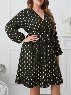 Women's Plus Size Party Dress Wedding Guest Dress Black Dress Midi Dress Black Long Sleeve Dot With Belt Spring Fall Winter V Neck Fashion Winter Dress Evening Party Wedding Guest 2023 XL XXL 3XL 4XL