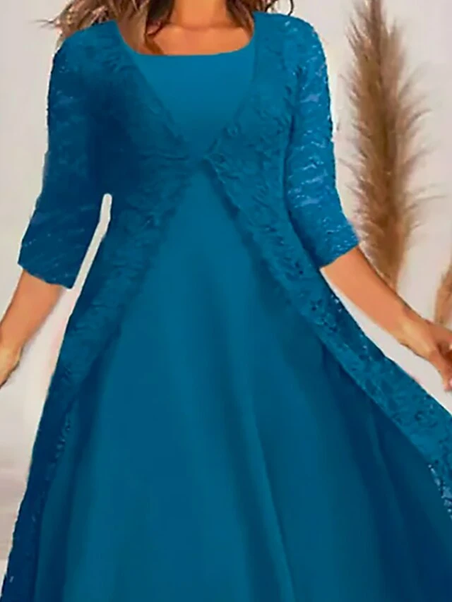 Women's Dress Set Two Piece Dress A Line Dress Midi Dress Royal Blue 3/4 Length Sleeve Pure Color Lace Winter Fall Autumn Crew Neck Stylish 2023 S M L XL XXL 3XL 2 Women's Dress Set Two Piece Dress A Line Dress Midi Dress Royal Blue 3/4 Length Sleeve Pure Color Lace Winter Fall Autumn Crew Neck Stylish 2023 S M L XL XXL 3XL - Image 2