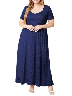 Women's Plus Size Curve Party Dress Lace Dress Sheath Dress Solid Color Long Dress Maxi Dress Short Sleeve Lace Ruched V Neck Fashion Wedding Pink Dark Blue Spring Fall XL XXL 3XL 4XL 5XL