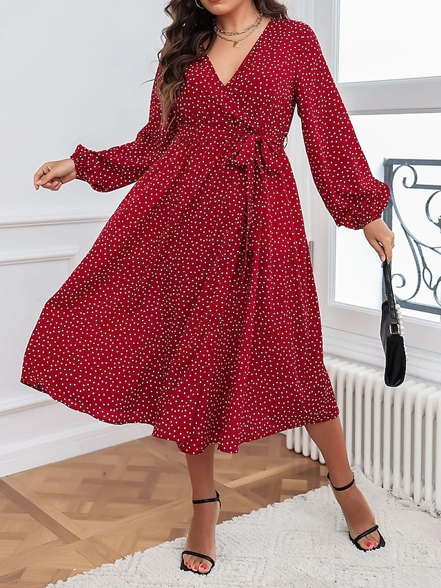 Women's Plus Size Party Dress Wedding Guest Dress Red Dress Midi Dress Red Long Sleeve Polka Dot With Belt Spring Fall Winter V Neck Fashion Winter Dress Evening Party Wedding Guest 2023 XL XXL 3XL 2 Women's Plus Size Party Dress Wedding Guest Dress Red Dress Midi Dress Red Long Sleeve Polka Dot With Belt Spring Fall Winter V Neck Fashion Winter Dress Evening Party Wedding Guest 2023 XL XXL 3XL - Image 2