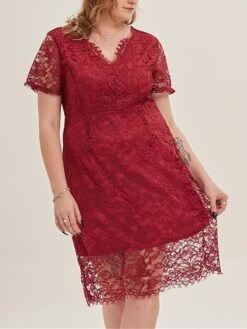 Women's Plus Size Curve Party Dress Lace Dress Cocktail Dress Midi Dress Black Pink Wine Short Sleeve Pure Color Lace Summer Spring Fall V Neck Fashion Birthday Wedding Guest Vacation XL XXL 3XL 4XL -HAYz Clothing Shop tvitsn1692165642287