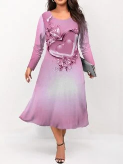 Women's Plus Size Curve Casual Dress Skater Dress A Line Dress Floral Heart Midi Dress Long Sleeve Print Crew Neck Fashion Outdoor Blue Purple Fall Winter L XL XXL 3XL 4XL -HAYz Clothing Shop tvjjhj1695264753895