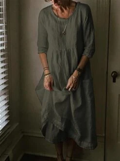 Women's Cotton Linen Dress Casual Dress Maxi Long Dress Cotton Basic Casual Outdoor Daily Vacation Crew Neck Pocket Half Sleeve Summer Spring 2023 Loose Fit Black Yellow Blue Plain S M L XL 2XL -HAYz Clothing Shop tvlpdq1678437396178