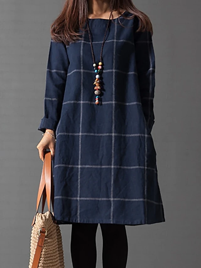 Women's Casual Dress Cotton Linen Dress Plaid Dress Midi Dress Polyester Basic Classic Outdoor Daily Vacation Crew Neck Pocket Print Long Sleeve Fall Winter Autumn 2023 Loose Fit Navy Blue Plaid L XL 1 Women's Casual Dress Cotton Linen Dress Plaid Dress Midi Dress Polyester Basic Classic Outdoor Daily Vacation Crew Neck Pocket Print Long Sleeve Fall Winter Autumn 2023 Loose Fit Navy Blue Plaid L XL