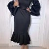 Women‘s Plus Size Curve Party Dress Solid Color V Neck Ruched Puff Sleeve Long Sleeve Winter Fall Casual Maxi Long Dress Party Vacation Dress Sheath Dress Black Dress