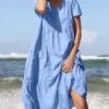 Women's Casual Dress Cotton Linen Dress Swing Dress Midi Dress Polyester Basic Classic Outdoor Daily Vacation Crew Neck Pocket Short Sleeve Summer Spring 2023 Loose Fit Black Yellow Blue Plain M L XL