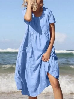 Women's Casual Dress Cotton Linen Dress Swing Dress Midi Dress Polyester Basic Classic Outdoor Daily Vacation Crew Neck Pocket Short Sleeve Summer Spring 2023 Loose Fit Black Yellow Blue Plain M L XL