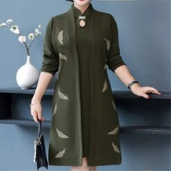 Women's Plus Size Curve Dress Set Formal Leaf V Neck Long Sleeve Fall Winter Elegant Work Knee Length Dress