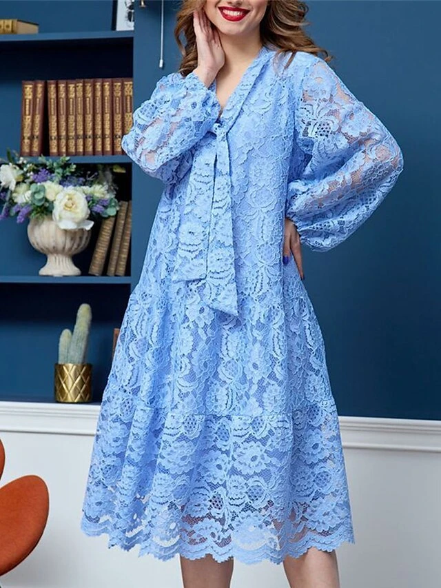 Women‘s Plus Size Curve Party Dress Lace Dress Sheath Dress Floral Midi Dress Long Sleeve Lace Up Print V Neck Modern Party Red Sky Blue Winter Fall L XL XXL 3XL 4XL 4 Women‘s Plus Size Curve Party Dress Lace Dress Sheath Dress Floral Midi Dress Long Sleeve Lace Up Print V Neck Modern Party Red Sky Blue Winter Fall L XL XXL 3XL 4XL - Image 4