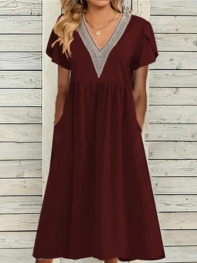 Women's Casual Dress Cotton Dress Swing Dress Midi Dress Cotton Blend Fashion Basic Outdoor Daily Vacation V Neck Ruched Patchwork Short Sleeve Summer Spring 2023 Loose Fit Black White Wine Color 4 Women's Casual Dress Cotton Dress Swing Dress Midi Dress Cotton Blend Fashion Basic Outdoor Daily Vacation V Neck Ruched Patchwork Short Sleeve Summer Spring 2023 Loose Fit Black White Wine Color - Image 4