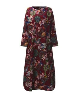 Women's Casual Dress Cotton Linen Dress Loose Dress Maxi Long Dress Linen / Cotton Blend Daily Stylish Outdoor Daily Vacation Crew Neck Print Long Sleeve Spring Fall Winter 2023 Loose Fit Wine Red -HAYz Clothing Shop twthde1695014791899