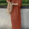 Women's Cotton Linen Dress Casual Dress Shift Dress Maxi Long Dress Cotton Blend Fashion Casual Outdoor Daily V Neck Button Short Sleeve Summer Spring 2023 Loose Fit Navy Blue Orange Green Pure Color