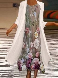 Women's Dress Set Two Piece Dress Chiffon Dress Midi Dress Beige 3/4 Length Sleeve Floral Chiffon Fall Winter Autumn Crew Neck Stylish Loose Fit 2023 M L XL XXL 3XL 4XL 5XL