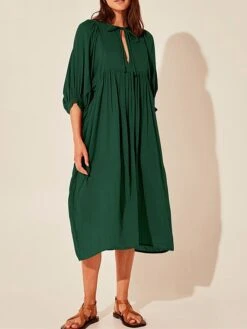 Women's Shirt Dress Casual Dress Midi Dress Outdoor Daily Date Cotton Basic Classic V Neck Ruched Long Sleeve Fall Winter 2023 Loose Fit Black Green Apricot Pure Color S M L XL -HAYz Clothing Shop txewcx1695096318707