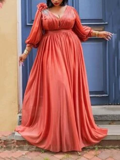 Women‘s Plus Size Curve Party Dress Solid Color V Neck Ruched 3/4 Length Sleeve Spring Fall Elegant Formal Prom Dress Maxi Long Dress Party Back To School Dress Homecoming Dress