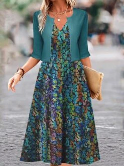 Women's Two Piece Dress Set Casual Dress Swing Dress Outdoor Daily Fashion Elegant Print Midi Dress V Neck Half Sleeve Floral Regular Fit Blue Purple Fuchsia Fall Winter S M L XL XXL -HAYz Clothing Shop txjqhy1697681155031